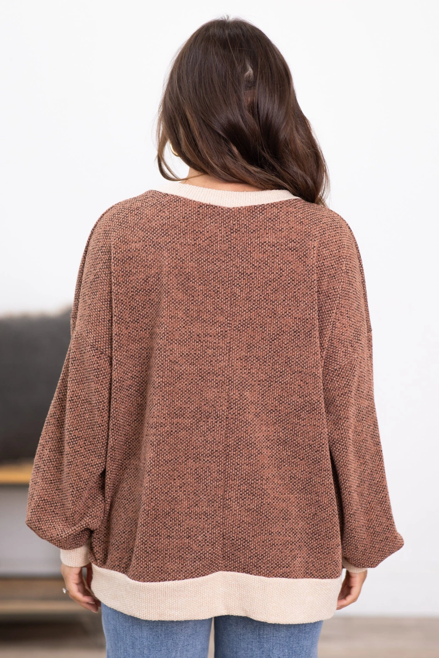 Light Brown Melange Top With Contrast Trim 6 Light Brown Melange Top With Contrast Trim - Image 4