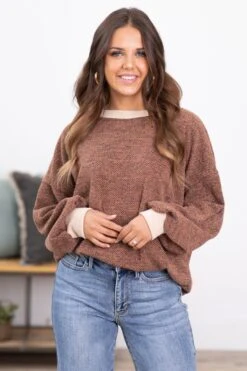 Light Brown Melange Top With Contrast Trim