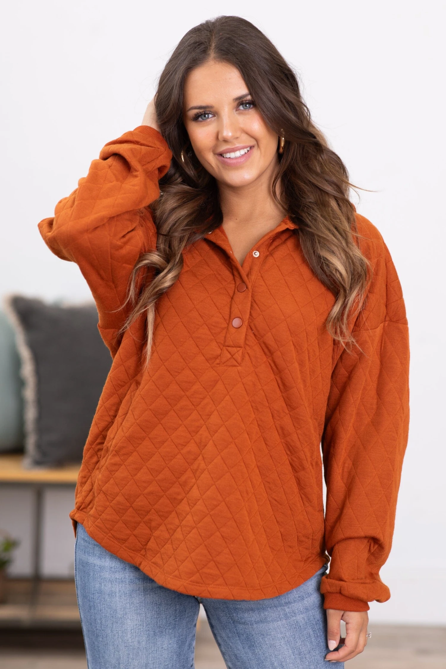 Burnt Orange Quilted Hooded 1/4 Snap Pullover 4 Burnt Orange Quilted Hooded 1/4 Snap Pullover - Image 2