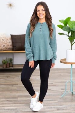 Ash Green Washed Waffle Knit Henley Top -Staccato Shop 3D4A1964 6b8ee37c b74c 480b 8f73 f585b01141e9