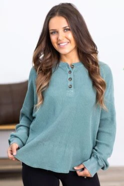 Staccato Shop 40 Ash Green Washed Waffle Knit Henley Top