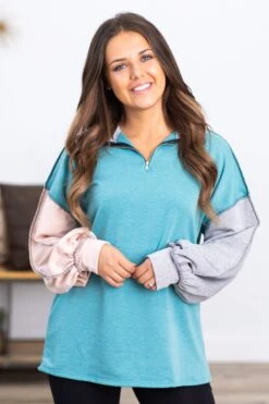 Turquoise Colorblock 1/4 Zip Pullover