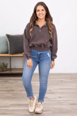 Brown Acid Wash Fleece 1/4 Zip Pullover -Staccato Shop 3D4A2003 e6d26452 4f35 4595 a81c 5417051e516e