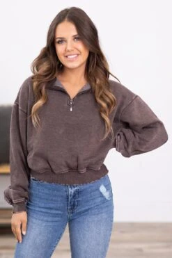 Brown Acid Wash Fleece 1/4 Zip Pullover