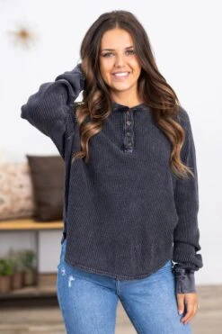 Charcoal Washed Waffle Knit Henley Top