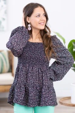 Navy Ditsy Floral Smocked Bodice Top