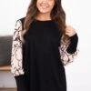 Black And Tan Floral Print Sleeve Top
