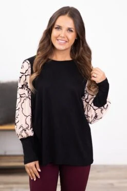 Black And Tan Floral Print Sleeve Top