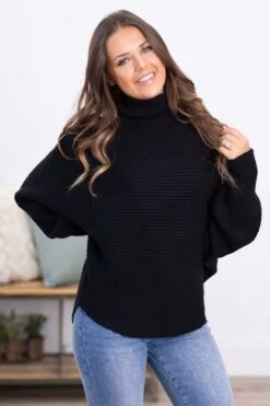 Black Horizontal Ribbed Turtleneck Sweater