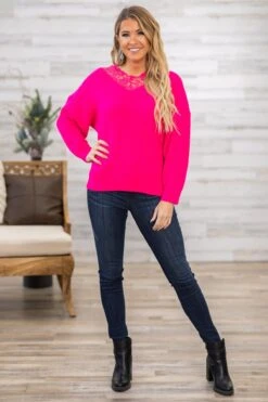 Hot Pink Lace Trim Rib Knit Sweater 8 Hot Pink Lace Trim Rib Knit Sweater -Staccato Shop 3D4A2129 2