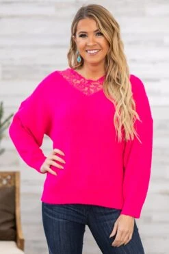 Hot Pink Lace Trim Rib Knit Sweater