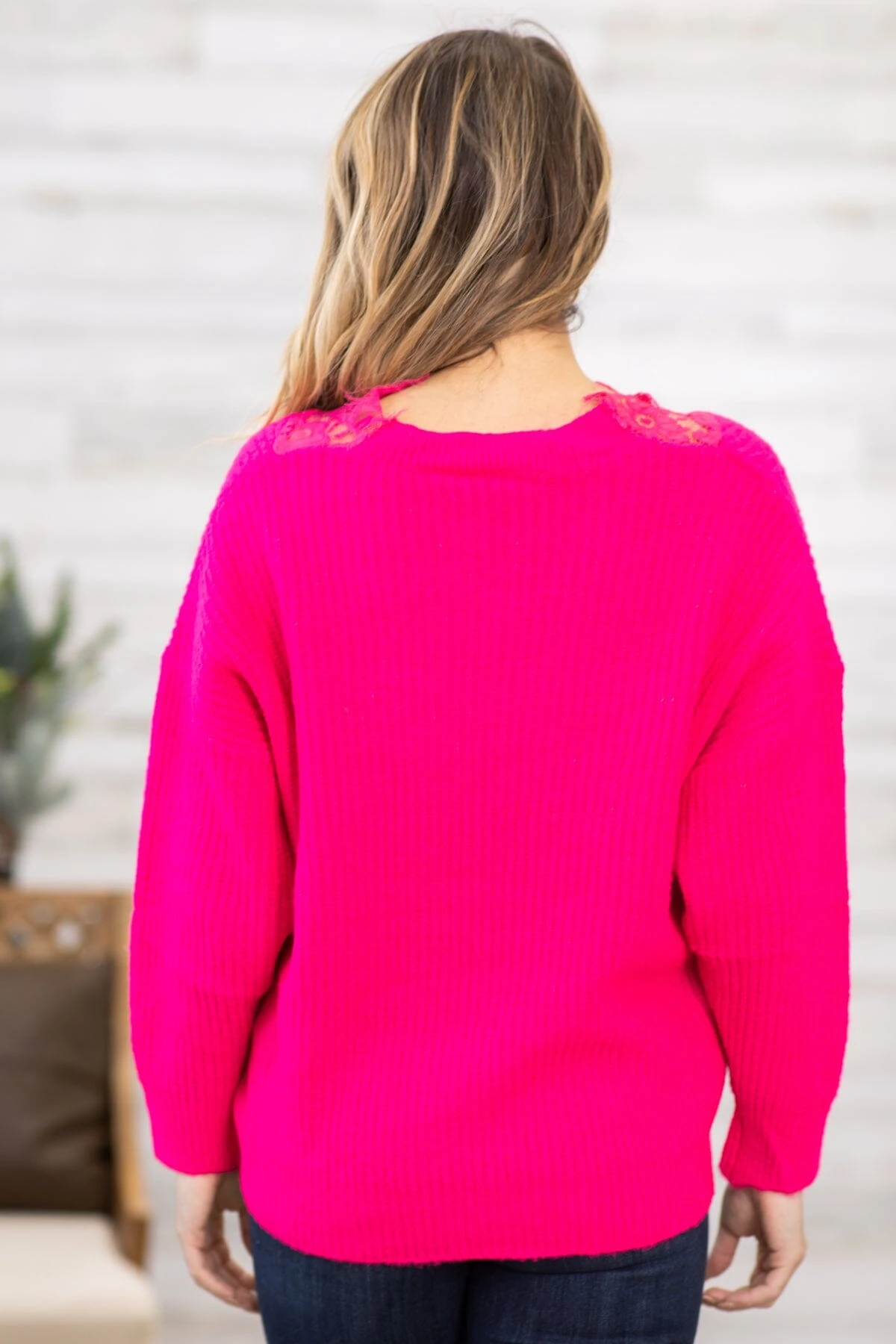 Hot Pink Lace Trim Rib Knit Sweater 6 Hot Pink Lace Trim Rib Knit Sweater - Image 4