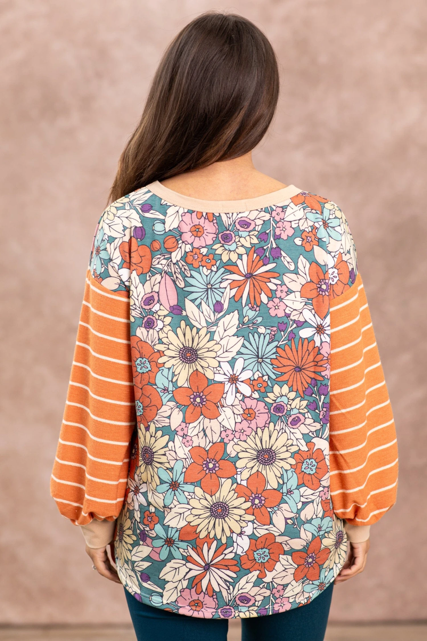 Turquoise Floral Print Top With Stripe Sleeves 6 Turquoise Floral Print Top With Stripe Sleeves - Image 4