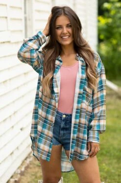 Teal And Peach Plaid Button Up Top