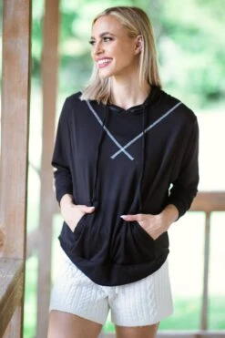 Black And White Contrast Stitch Hooded Top