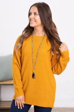 Mustard Ribbed Trim Round Neck Basic Sweater
