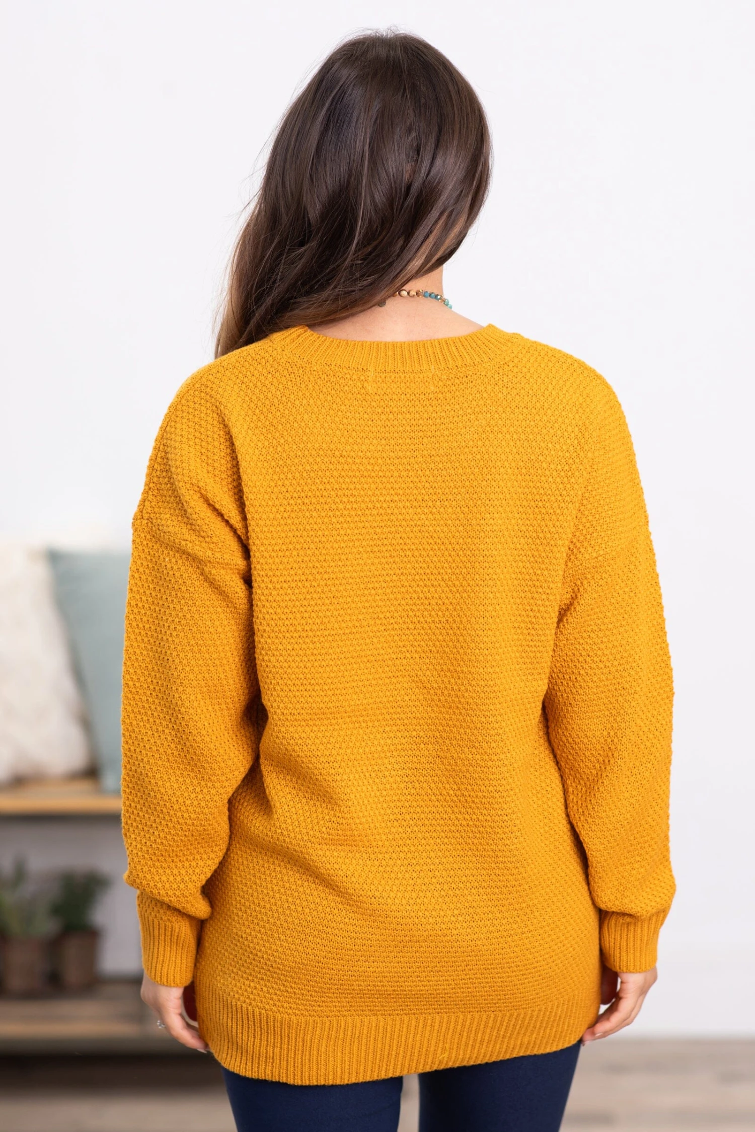 Mustard Ribbed Trim Round Neck Basic Sweater 6 Mustard Ribbed Trim Round Neck Basic Sweater - Image 4