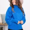 Blue Balloon Sleeve Mock Neck Sweater