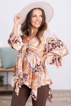 Burnt Orange Patchwork Print Hanky Hem Top