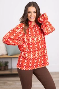 Red And Peach Boho Print Notch Neck Top