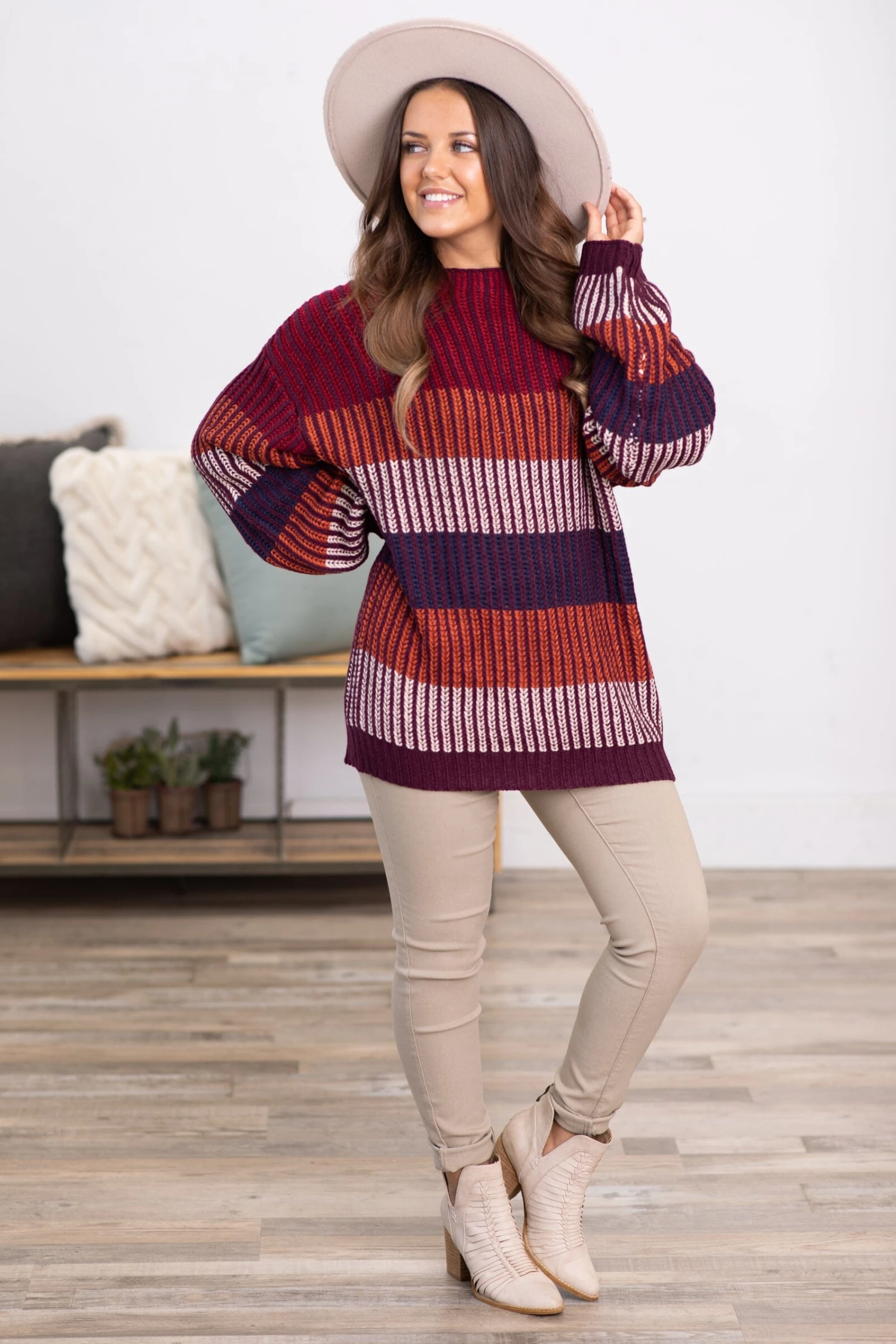 Eggplant Multicolor Ribbed Stripe Sweater 5 Eggplant Multicolor Ribbed Stripe Sweater - Image 3