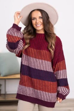 Eggplant Multicolor Ribbed Stripe Sweater