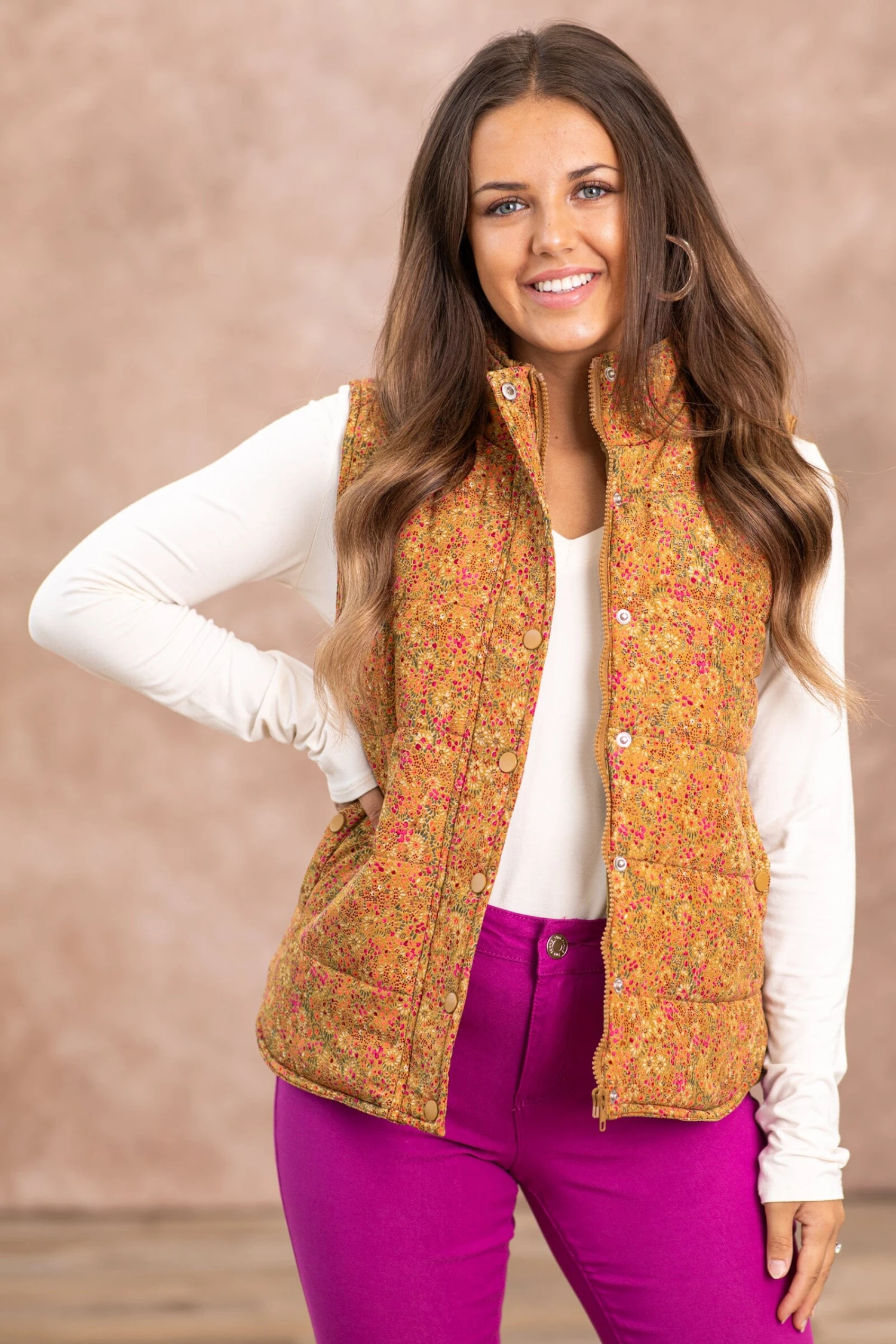 STACCATO Camel Ditsy Floral Channel Quilted Vest 4 STACCATO Camel Ditsy Floral Channel Quilted Vest - Image 2