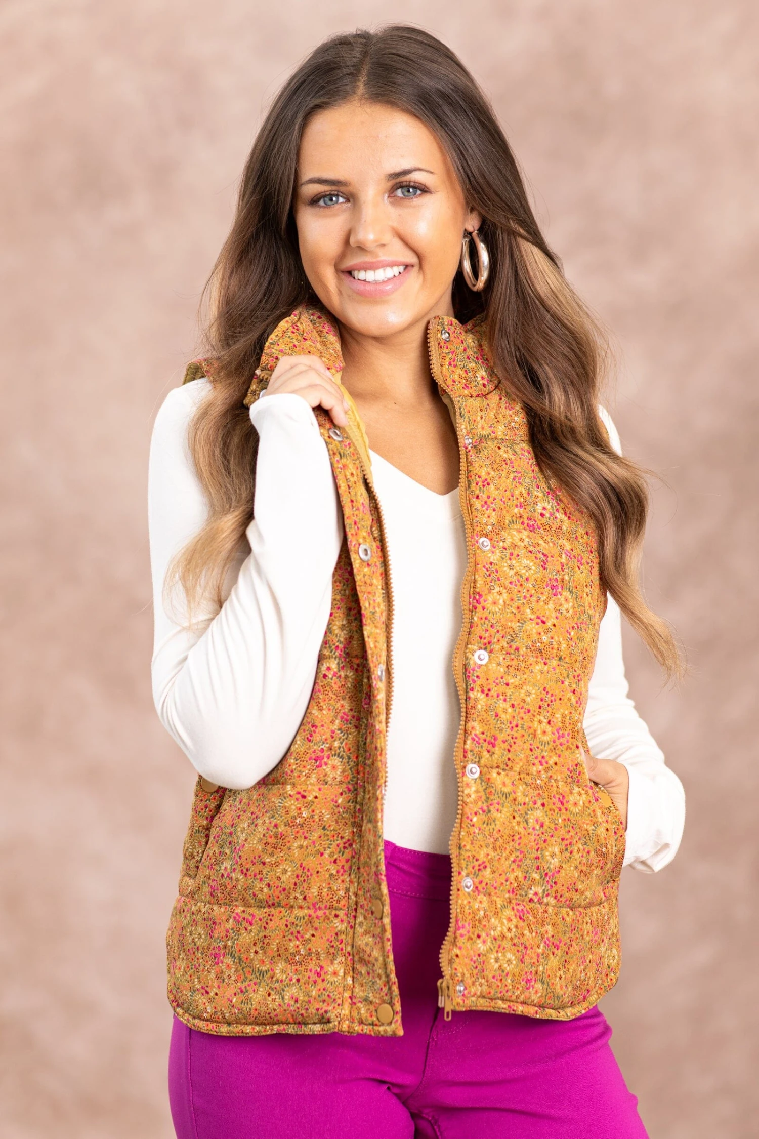 STACCATO Camel Ditsy Floral Channel Quilted Vest 3 STACCATO Camel Ditsy Floral Channel Quilted Vest