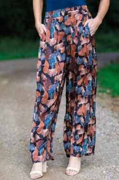 Slate Blue And Rust Floral Print Pants