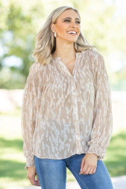 Tan And White Tonal Animal Print Top