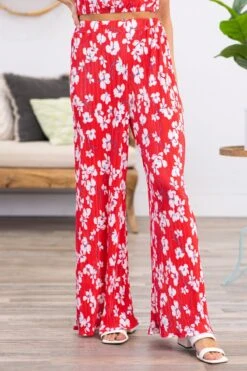 Red Crystal Pleat Floral Print Wide Leg Pants -Staccato Shop 3D4A2856