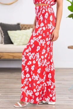 Red Crystal Pleat Floral Print Wide Leg Pants -Staccato Shop 3D4A2857