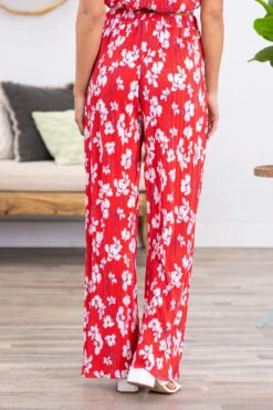Red Crystal Pleat Floral Print Wide Leg Pants -Staccato Shop 3D4A2858