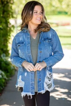 Medium Wash Frayed Hem Denim Jacket