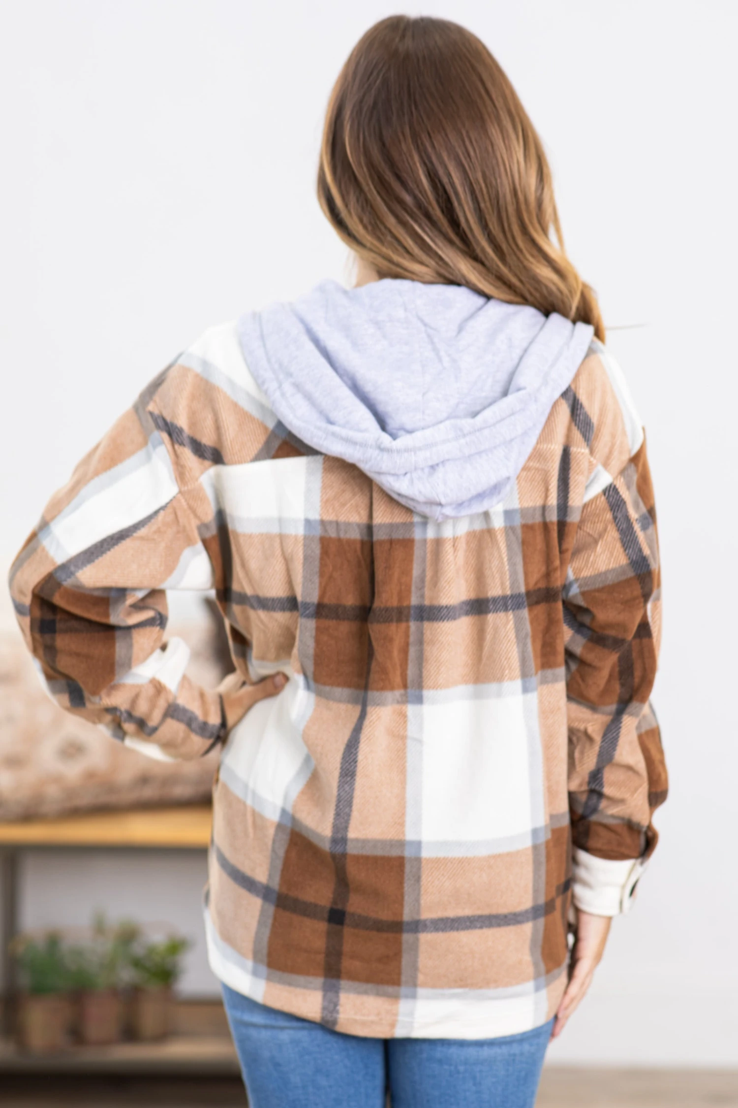 Brown Plaid Fleece Shacket With Hood 6 Brown Plaid Fleece Shacket With Hood - Image 4