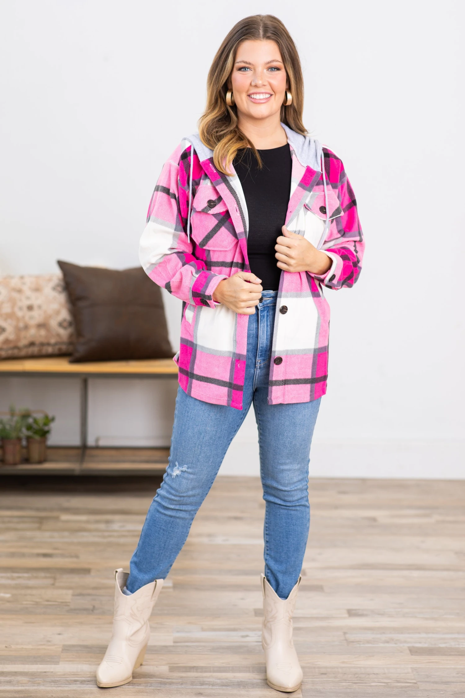 Hot Pink Plaid Fleece Shacket With Hood 4 Hot Pink Plaid Fleece Shacket With Hood - Image 2