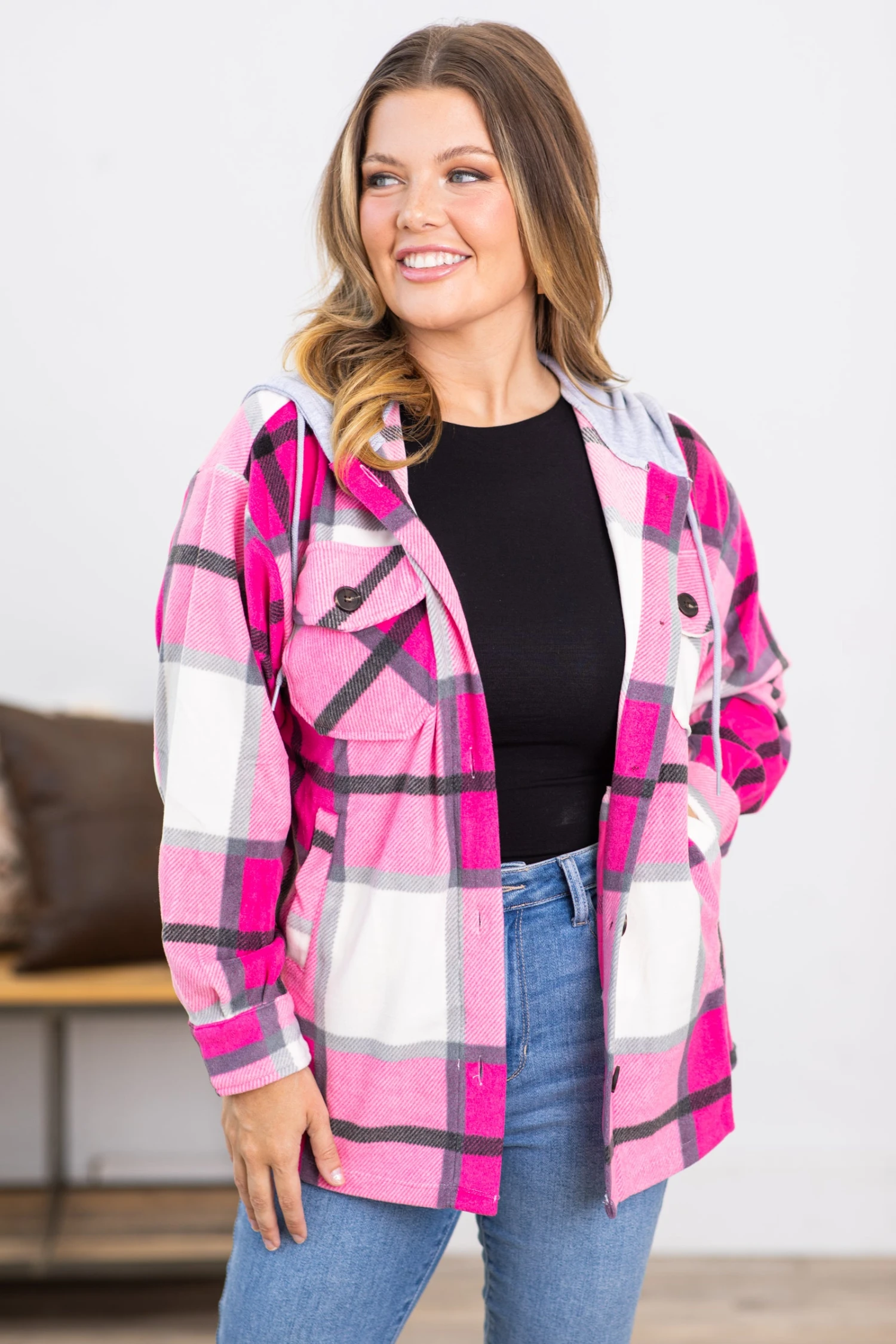 Hot Pink Plaid Fleece Shacket With Hood 3 Hot Pink Plaid Fleece Shacket With Hood