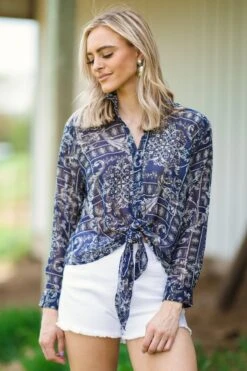 Navy Paisley Tie Front Button Up Top