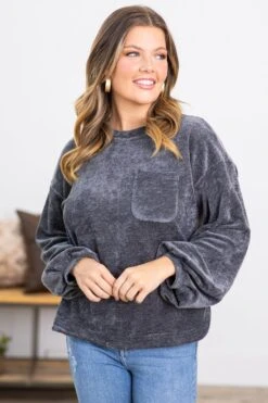 Charcoal Balloon Sleeve Top With Pocket