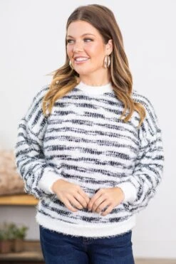 Off White And Black Eyelash Stripe Sweater