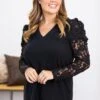 Black V-Neck Puff Lace Sleeve Sweater