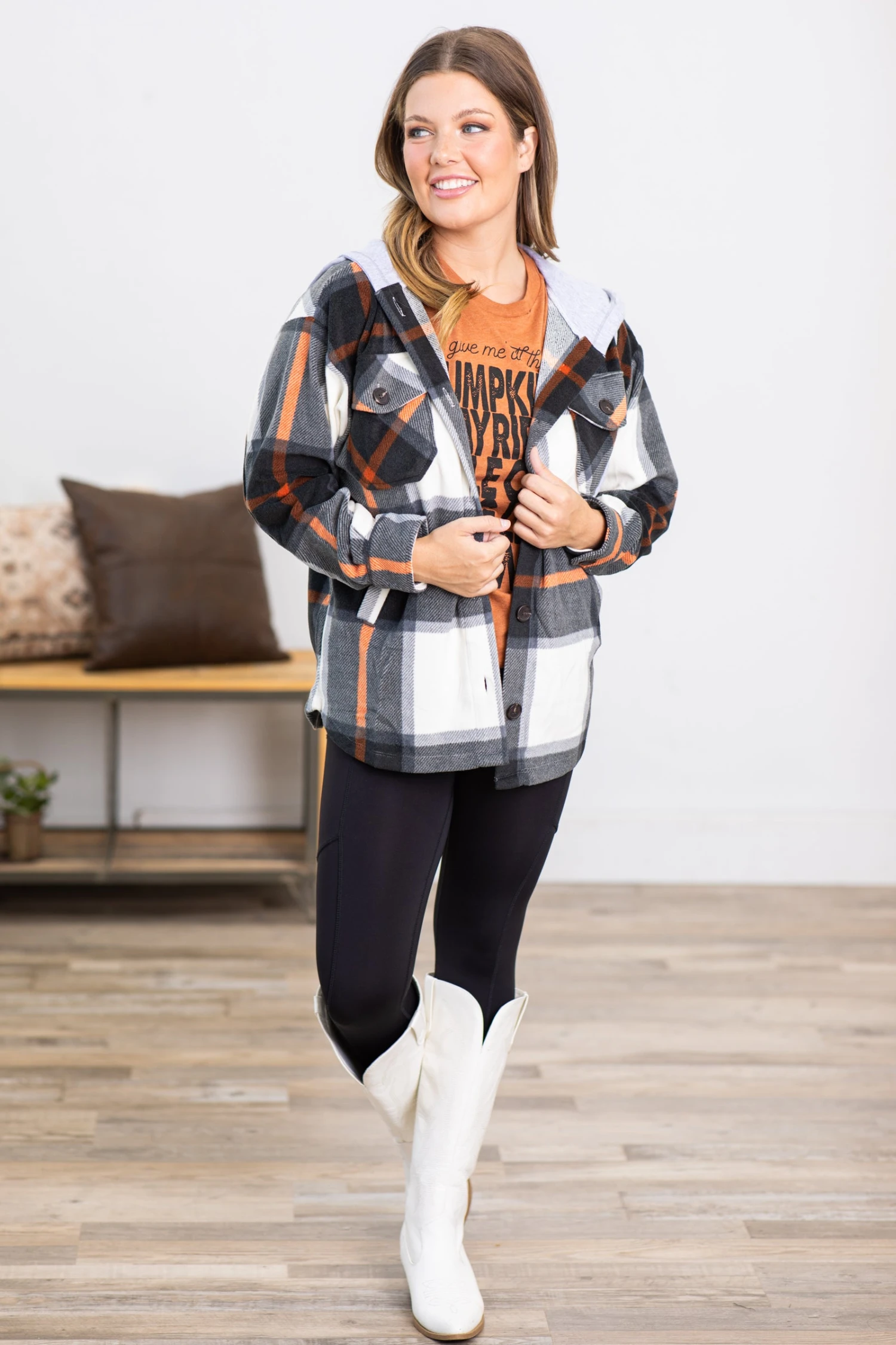 Charcoal Plaid Fleece Shacket With Hood 5 Charcoal Plaid Fleece Shacket With Hood - Image 3