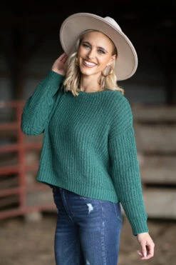 Emerald Green Rib Knit Drop Shoulder Sweater
