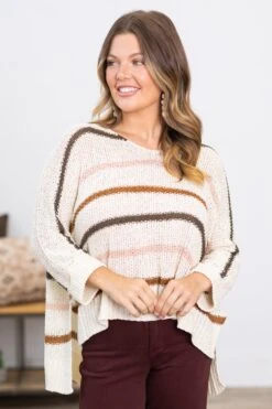 Cream And Olive Stripe Lightewight Sweater