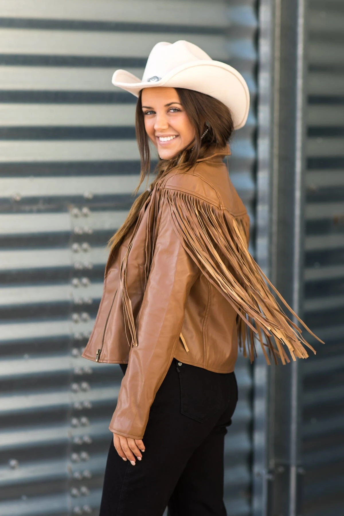 Mocha Faux Leather Jacket With Fringe 5 Mocha Faux Leather Jacket With Fringe - Image 3