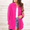 Fuchsia Textured Button Up Top With Pocket