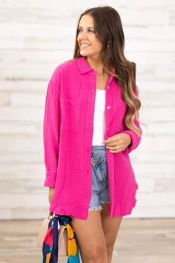 Fuchsia Textured Button Up Top With Pocket
