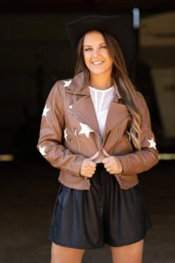 Dark Camel Star Print Faux Leather Moto Jacket