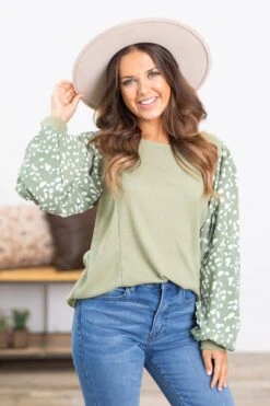 Sage Top With Animal Print Balloon Sleeves
