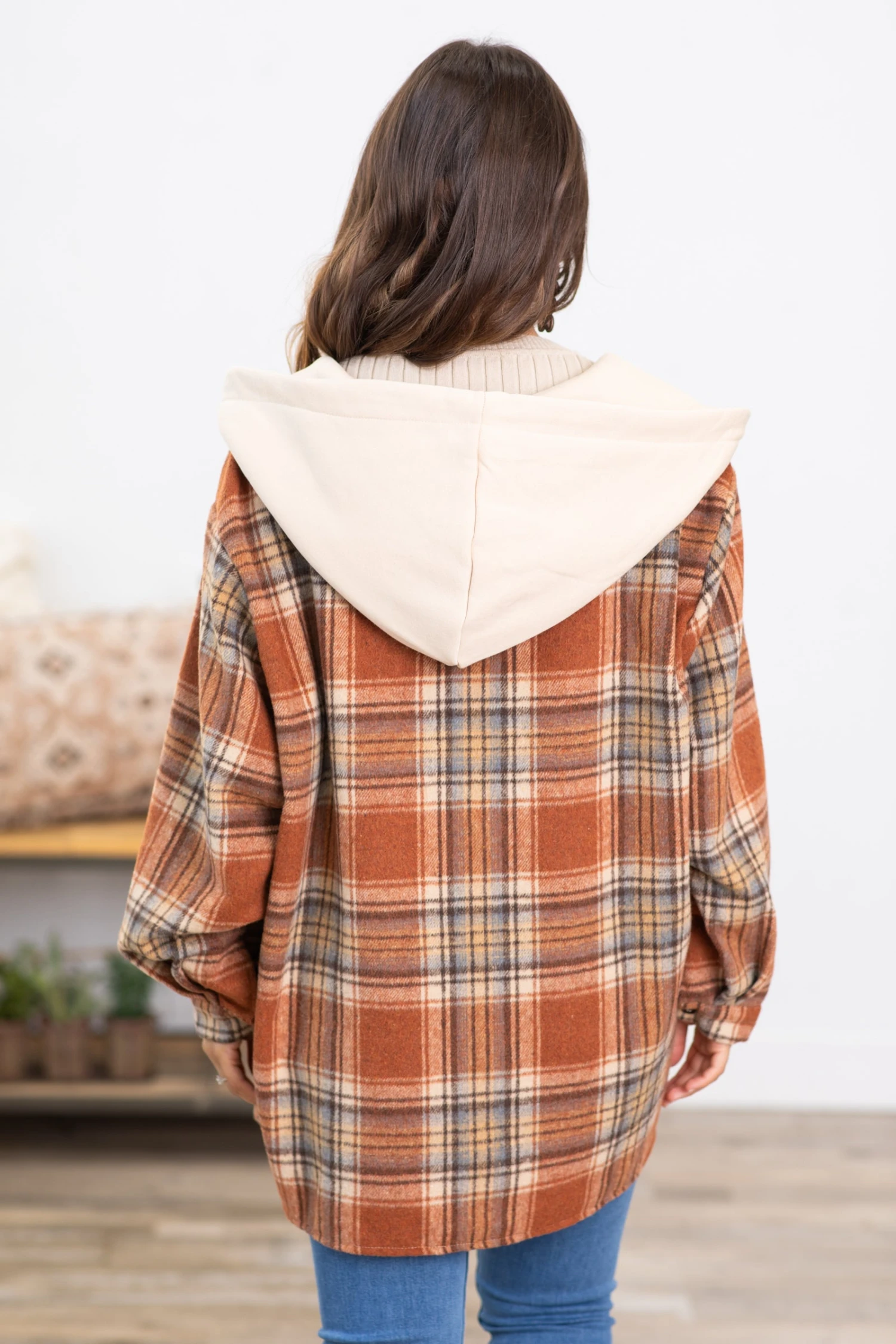 Cognac Plaid Super Soft Hooded Shacket 6 Cognac Plaid Super Soft Hooded Shacket - Image 4